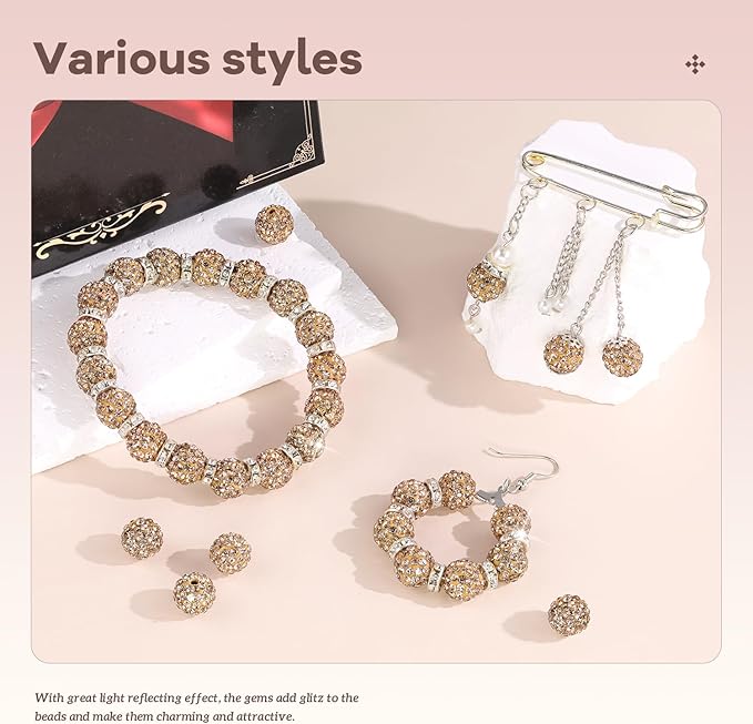 105pcs 10mm Rhinestone Beads for Jewelry Making, Light Brown Shiny Round Disco Ball Beads Bulk, Sparkle Crystal Clay Christmas for Bracelet Baseball Necklace Earring Crafting and DIY-BubblyBeeBaby