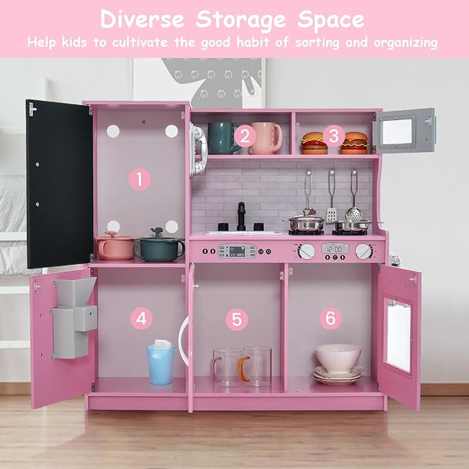 HONEY JOY Pink Kids Kitchen Playset, Wooden Little Chef Pretend Toy Kitchen Set w/Chalkboard, Telephone, Utensils, Oven, Microwave, Sink, Play Kitchen for Toddlers, Gift for Boys Girls, Pink-BubblyBeeBaby