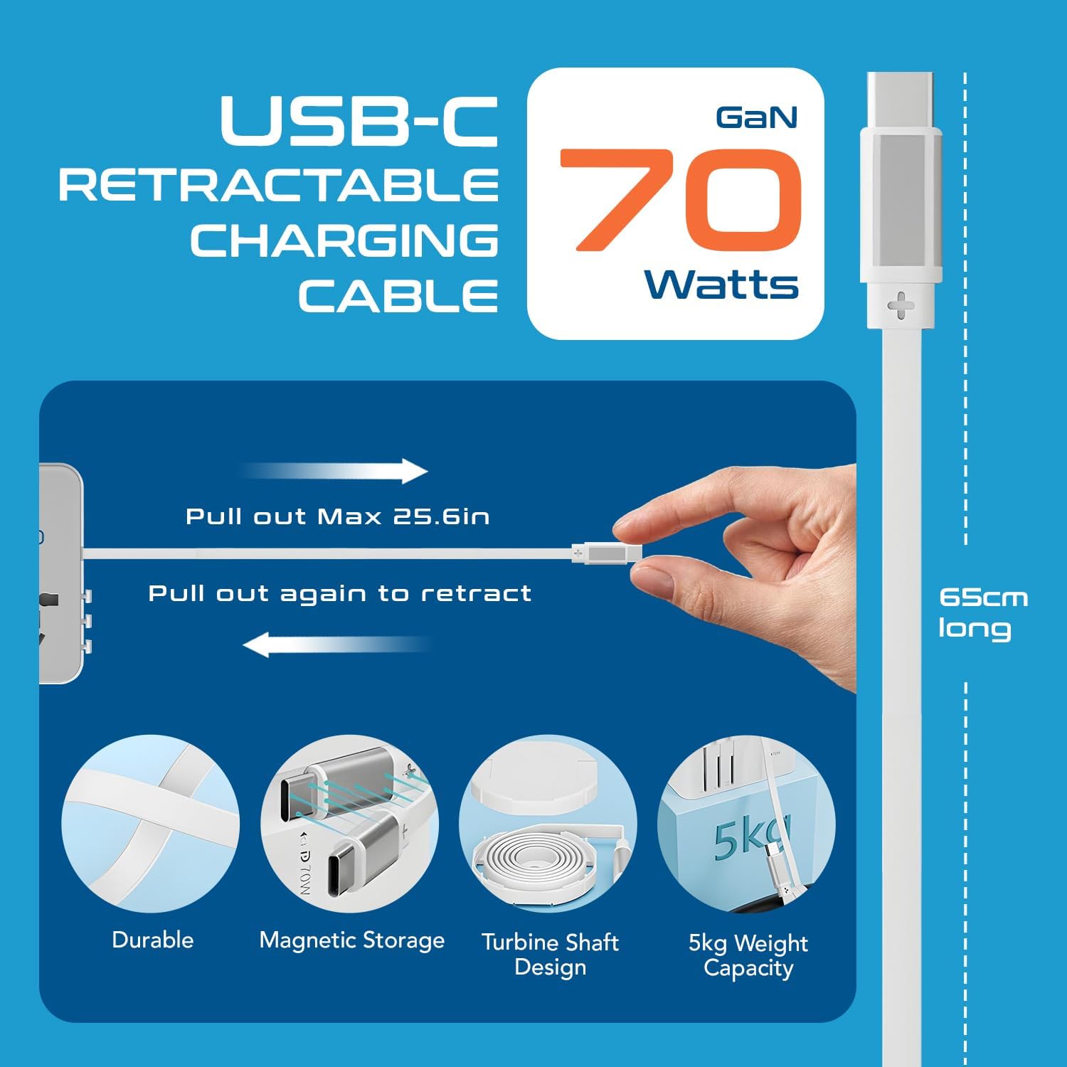 Ceptics GAN 70W Universal Travel Adapter with 65cm Retractable USB-C Cable, 2X USB-A (1x QC 3.0), 1x Type C Port (PD 70W), Universal Power Adapter with Type A, C, G, I Output