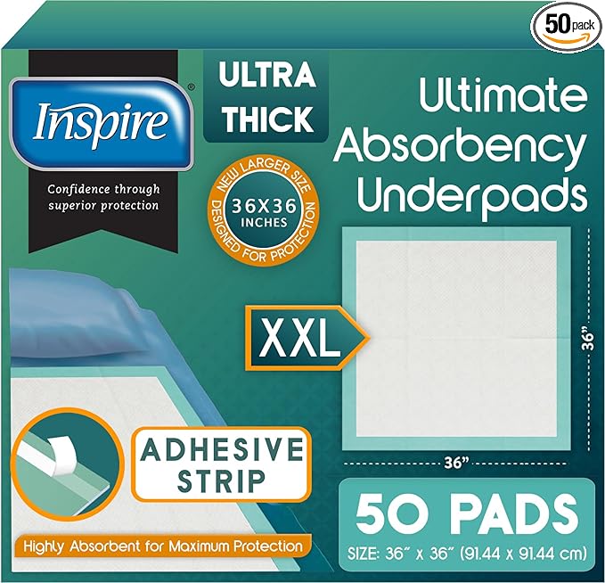 Inspire Extra Large Super Absorbent Disposable Bed Pads for Incontinence Ultra Thick and Absorbent Bed Pads Disposable Adult | Puppy Pads | Pee Pads for Adults (36" X 36" Pack of 50 W/ Adhesive)-BubblyBeeBaby