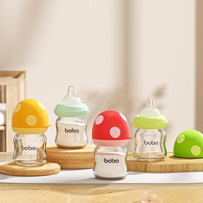 YOHKOH Natural Glass Baby Bottle with Natural Response Nipple, Newborn Anti-Colic Baby Bottles, Wide Neck Mushroom Cap Baby Bottle, Clear (Multicolour-A, 3.4oz (Pack of 4))-BubblyBeeBaby