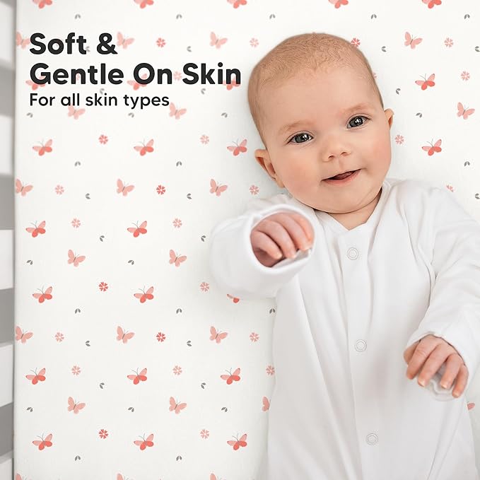 KeaBabies 2-Pack Organic Crib Sheets for Boys, Girls - 52x28 Fitted Crib Mattress Sheet Neutral, Breathable Jersey Cotton Cover for Baby Bed, Toddler Mattress, Soft & Cute Prints (Butterflies)-BubblyBeeBaby