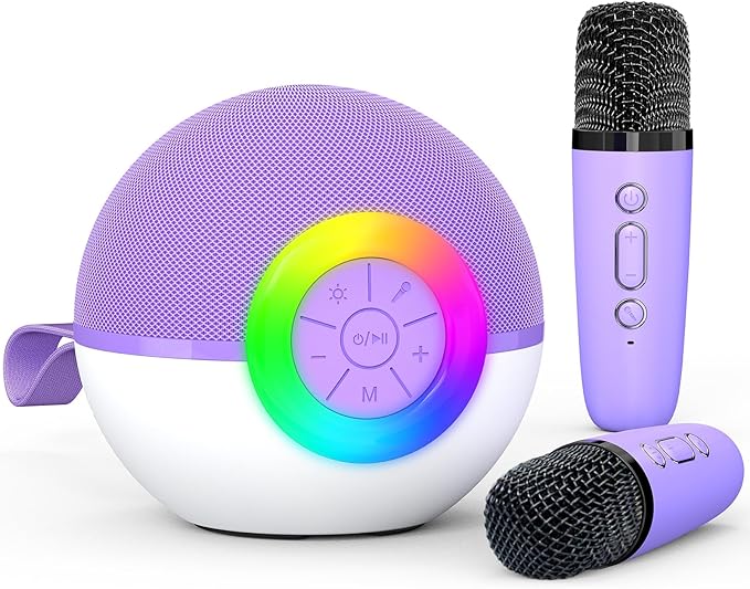 Karaoke Microphone Machine Toys for Kids Adults, Mini Portable Bluetooth Speaker with 2 Wireless Mics, Christmas Birthday Gifts for Boys Girls Ages 3 4 5 6 7 8 9 10 11 12+ Year (Purple)-BubblyBeeBaby
