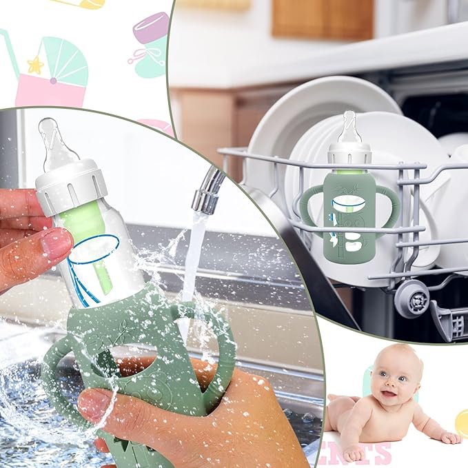 3 Pack Silicone Sleeves for Dr. Brown's Glass Baby Bottles - Drop Protection Baby Bottle Sleeves,Compatible with Dr. Brown's Newborn Glass Bottles,with Silicone Handles,4 oz-BubblyBeeBaby