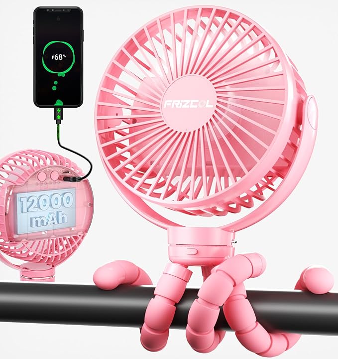 FRIZCOL 12000mAh Portable Stroller Fan, Use As Power Bank, 65H Battery Operated Fan Flexible Tripod Clip On Fans, Detachable Personal Handheld Baby Fans for Stroller, Car seat, Desk, Treadmill（Pink）-BubblyBeeBaby