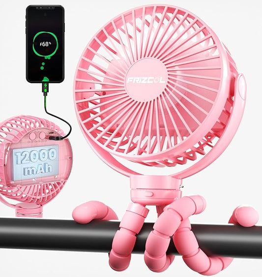 FRIZCOL 12000mAh Portable Stroller Fan, Use As Power Bank, 65H Battery Operated Fan Flexible Tripod Clip On Fans, Detachable Personal Handheld Baby Fans for Stroller, Car seat, Desk, Treadmill（Pink）-BubblyBeeBaby