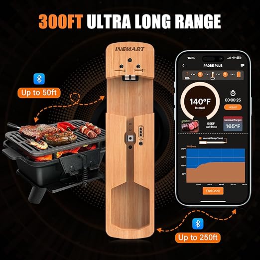 INSMART Wireless Smart Meat Thermometer,330FT Bluetooth Range,100% Waterproof,Precision Cooking Grilling,Multi Sensors,for BBQ,Oven,Grill,Kitchen,Smoker, Rotisserie Turkey Beef/iOS & Android App-BubblyBeeBaby