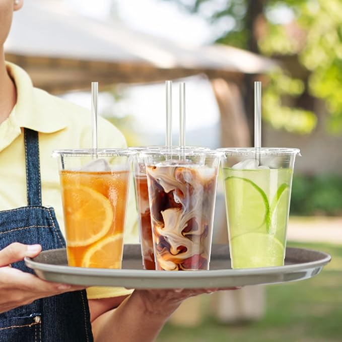 100 Pack - 24 oz Clear Plastic Cups with Lids and Straws, Sturdy & Food Safe Iced Coffee Cups with lids, Disposable Plastic Smoothie Cups for Cold Drinks-BubblyBeeBaby