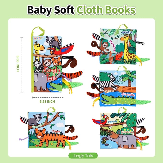 Jollybaby Crinkle Books for Babies, Sensory Soft Touch and Feel Baby Toys for 0-6 Months Infants, Newborn Montessori Early Educational Cloth Toys, Baby Girl & Boy Gift(Jungle Tails)-BubblyBeeBaby