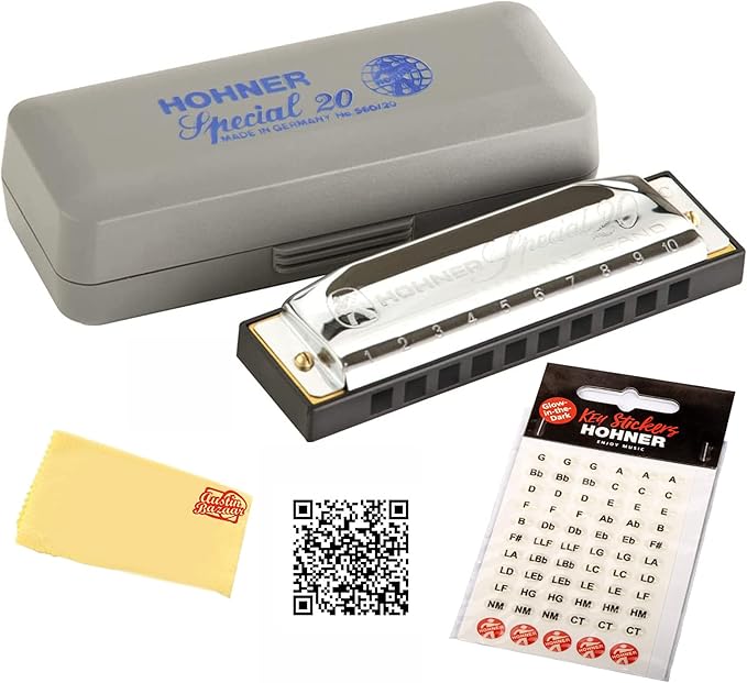 Hohner 560 Special 20 Harmonica - Key of F Sharp Bundle with Carrying Case, Key Stickers, Harmonica Beginner Online Manual, and Austin Bazaar Polishing Cloth-BubblyBeeBaby
