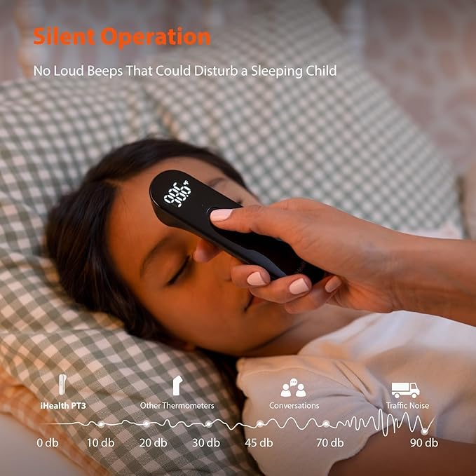 iHealth No-Touch Digital Forehead Thermometer for Adults, Babies, Kids - FSA HSA Eligible, 3 Ultra-Sensitive Sensors, Quiet Vibration Feedback, Large LED Digits, Easy to Use for Home, PT3 Black-BubblyBeeBaby