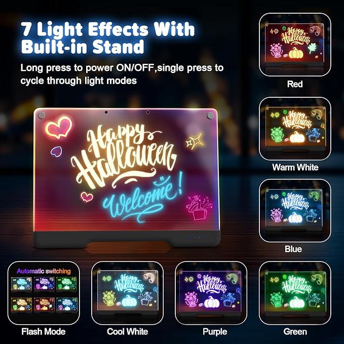 16-Inch Rechargeable Doodle Glow LED Note Board, 7-Color Light Modes, Neon Art Dry Erase Light Up Drawing Pad with Built-in Stand, Sketching Gift Toy for Kids/Girls/Teens, 5 Markers & Tracing Book-BubblyBeeBaby