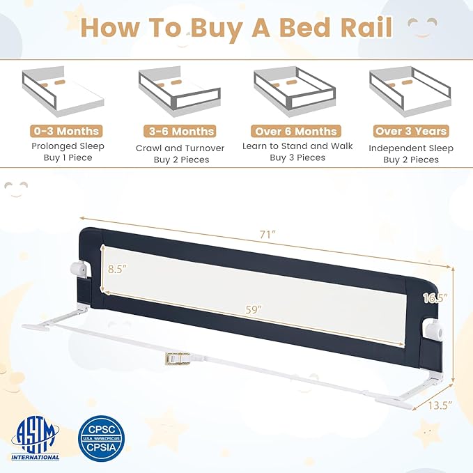 HONEY JOY Bed Rail for Toddlers, Extra Long, Foldable Portable Swing Down Safety Bed Guard Rail, Toddler Bed Rails for Crib, King Queen Full Twin Size Bed Mattress (Gray, 1 Pack, 71 Inch)-BubblyBeeBaby