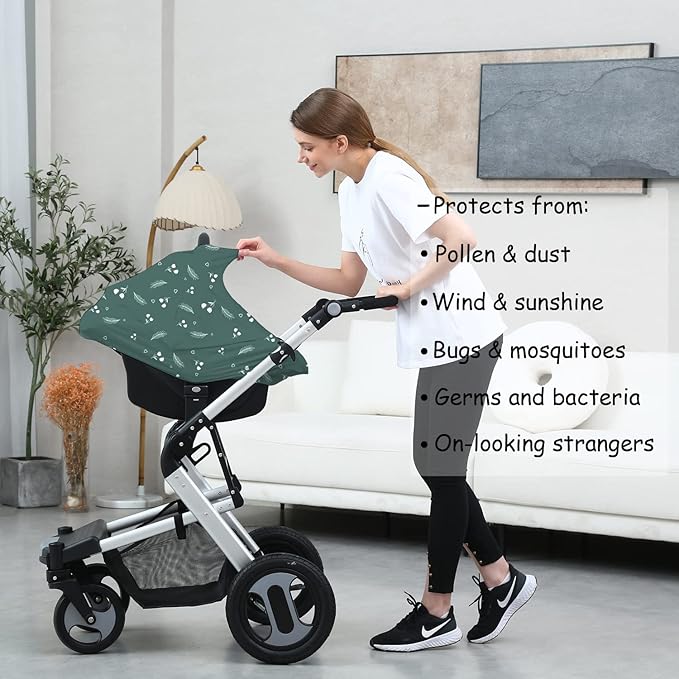 Carseat Covers for Baby Breastfeeding – Multi use Car Seat Canopy Cover, Infant Stroller Canopy Cover for Girls (Green Print)-BubblyBeeBaby