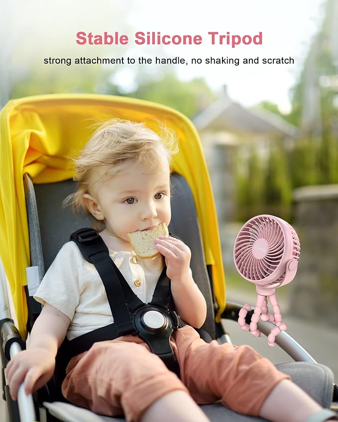 Stroller Fan Clip on for Baby, 4000mAh Rechargeable Battery Operated, Flexible Tripod, 3 Wind Speed, 360° Rotatable, Small Portable Fan for Car Seat Crib Backseat Beach Travel Camping, Pink-BubblyBeeBaby