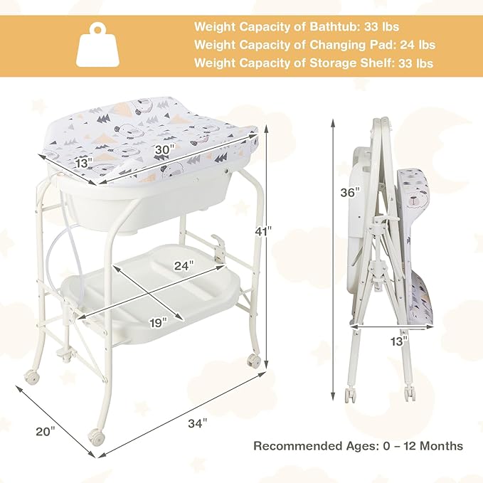 HONEY JOY Baby Changing Table with Bathtub, Foldable Infant Diaper Changing Station with Wheels, Storage Tray, Waterproof Pad, Portable Newborn Nursery Organizer Bath Stand for Boys Girls (White)-BubblyBeeBaby