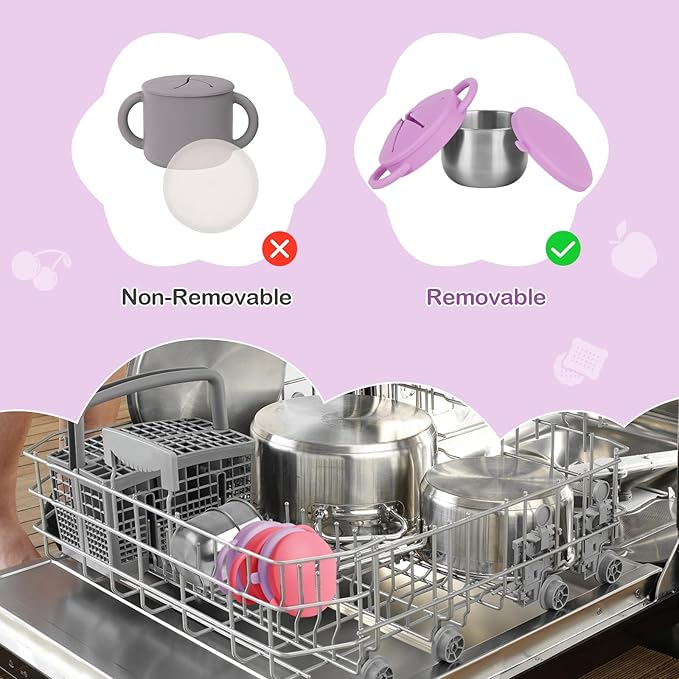 2 Pack Snack Cups for Toddlers Spill Proof - Detachable Stainless Steel Toddler Snack Cups with Silicone Lids & Handles - Dishwasher Safe Baby Snack Containers for Mess-Free Snacking (Red and Purple)-BubblyBeeBaby