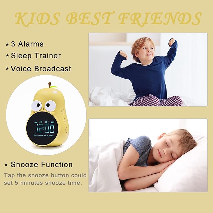Kids Alarm Clock for Girls Pear Alarm Clock with Snooze Toddler Sleep Training Clock for Bedroom Home Office(Yellow)-BubblyBeeBaby