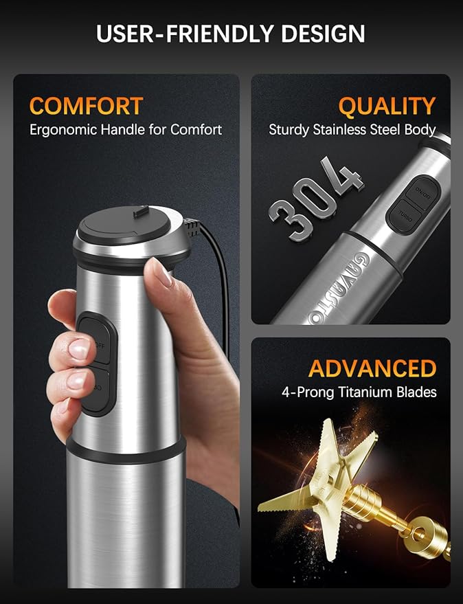 Immersion Blender Handheld GAVASTO Hand Blender,20 Speeds and Turbo Mode Hand Mixer, 3-in-1 Heavy Duty Copper Motor Stainless Steel-BubblyBeeBaby