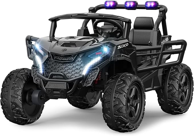 24V 2 Seater Ride on Car Truck, 4x200W, EVA Tires, 4WD/2WD, Rainbow Lights, Remote Control, Shock Absorbers, Bluetooth, Ride On UTV Toy for Kids Ages 3-8, Black-BubblyBeeBaby