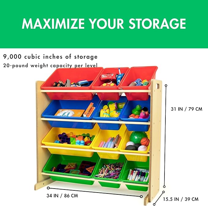 Humble Crew, Natural/Primary Kids' Toy Storage Organizer with 12 Plastic Bins, 34*35*15.5inch-BubblyBeeBaby