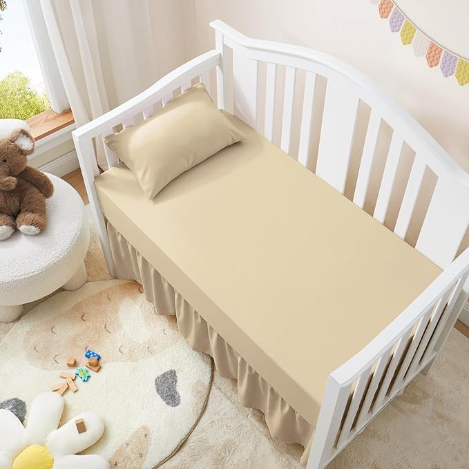 Horbaunal 2 Pack Set Crib Skirt & Crib Bed Sheet, Khaki Crib Bed Skirt 28" x 52" with 14" Drop Dust Ruffle, Soft Microfiber Toddler Bedskirt Nursery Bedding Skirt for Baby Girls and Boys-BubblyBeeBaby