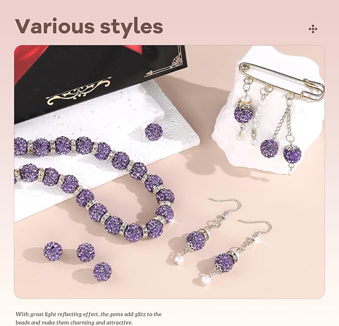 160pcs 10mm Rhinestone Beads for Jewelry Making, Purple Shiny Round Disco Ball Beads Bulk, Sparkle Crystal Clay Christmas for Bracelet Baseball Necklace Earring Crafting and DIY-BubblyBeeBaby