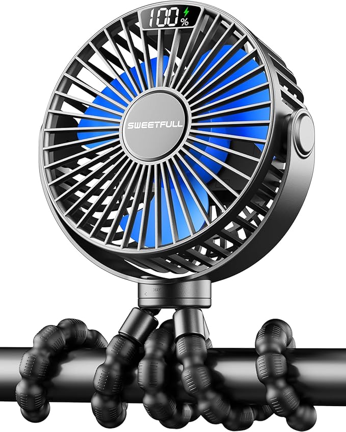 SWEETFULL Portable Stroller Fan with Display 4000mAh Battery Powered Mini Clip On Fan, 4-Speed Rechargeable Small Personal Cooling for Baby Car Seat Crib Travel - Black-BubblyBeeBaby