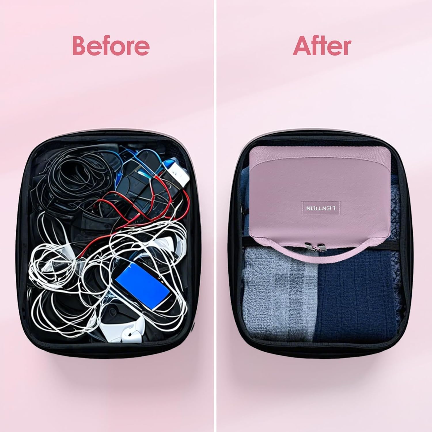 LENTION Electronics Organizer Bag Cable Tech Pouch for Electronic Accessories, Cable Organizer, Scratch-Resistant, Shock Proof, Padded Bag for AirPods, Charger Power Bank, Phone, Cord (M372, Pink)