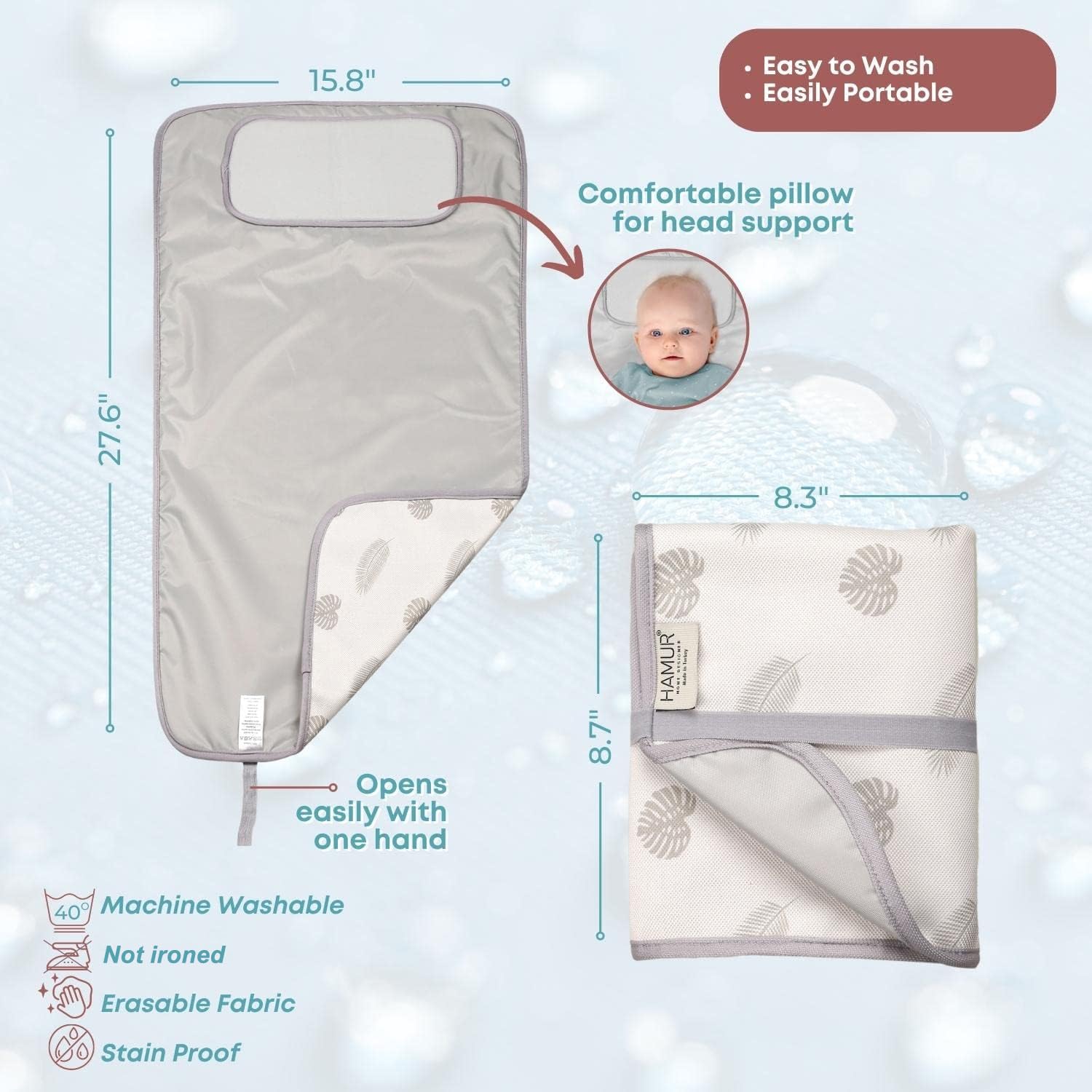 HAMUR HOME Portable Baby Changing Pad – Waterproof, Foldable & Lightweight Travel Mat – Soft & Machine Washable Diaper Changer – Compact & Durable (Leaves)