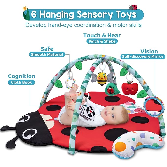 Jyusmile Baby Play Gym Mat, 8-in-1 Tummy Time Mat with 6 Toys, Washable Baby Activity Mat for Visual, Hearing, Sensory, Motor Development, Baby Essentials Gift for Newborn Infant 0-3-6-9-12 Months-BubblyBeeBaby