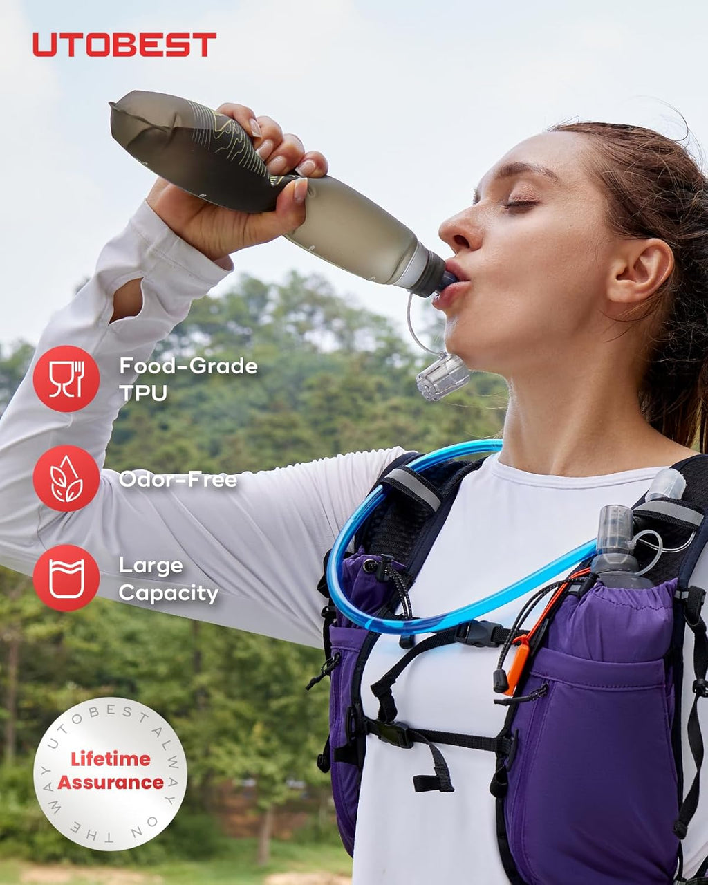 UTOBEST 500ml Soft Flask, 2 Pack Flexible TPU Hydration Water Bottle, Collapsible with 28mm Caliber for Running, Hiking, Cycling, Climbing, and Marathon Green