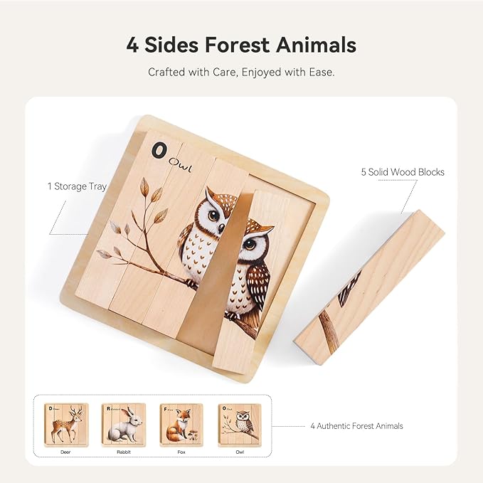 IEATFO 4 in 1 Wooden Animal Chunky Puzzle, 5 Solid Wood Puzzle Blocks with 4 Sides Realistic Forest Animals, Wooden Block Puzzle with Durable Base for Toddlers 3+ Years - Montessori Inspired-BubblyBeeBaby