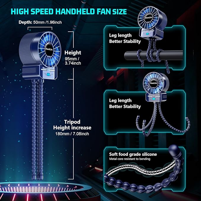 2 Pack Multifunctional Portable Stroller Fan 4 Speed 6600rpm High Speed Usb Rechargeable Personal Mini Handheld Fan Extended Tripod For Desktop Winding Kids Bed Treadmill Bike Golf Cart Outdoor Travel-BubblyBeeBaby