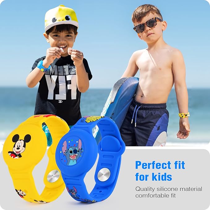 2 Pack AirTag Bracelet for Kids, Waterproof Cute Cartoon Air tag Holder for Kids with Watch Band Design, Full Coverage Silicone Airtag Hidden Accessories for Child, Healthy Material Blue + Yellow-BubblyBeeBaby