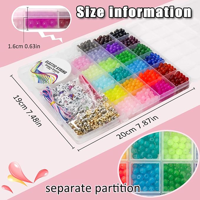 JULIMAIDONG 6mm Glass for Bracelets 1400pcs, 24 Colors Round Crystal Glass Bracelet Making Kit for Jewelry Making Kits Bead DIY Crafts with Spacer Charms Accessories (6mm, 24Color)-BubblyBeeBaby