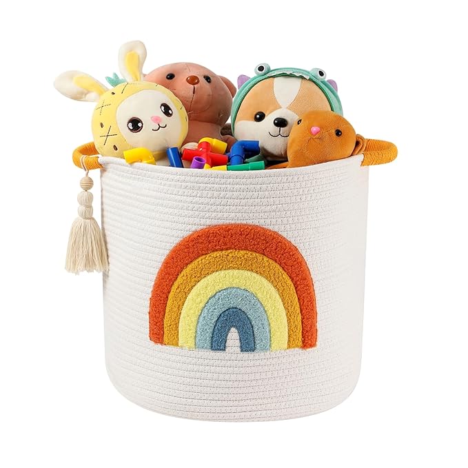 INough Toy Storage Baskets Woven Cotton Rope Storage Basket Kids Blanket Baskets for Living Room, Toys Organizer with Embroidery Colorful Rainbow Decor, Baby Basket for Laundry Nursery (Boho Rainbow)-BubblyBeeBaby