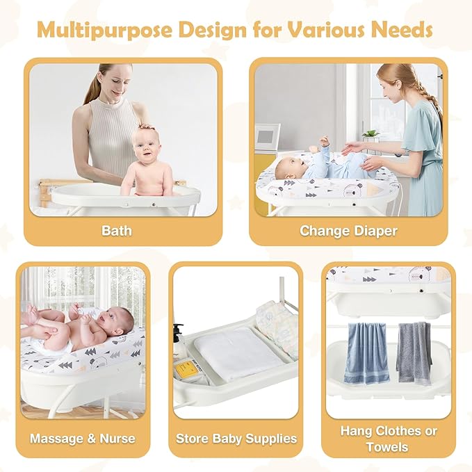 HONEY JOY Baby Changing Table with Bathtub, Foldable Infant Diaper Changing Station with Wheels, Storage Tray, Waterproof Pad, Portable Newborn Nursery Organizer Bath Stand for Boys Girls (White)-BubblyBeeBaby