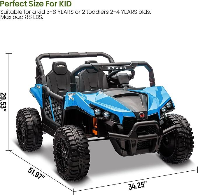 24V 2 Seater Ride On Car Truck, Power Wheels Kids UTV w/Parent Remote Control, 3.1 MPH Max Speed, Music Player, LED Lights & Storage, Electric Vehicle Ride On Toy for Kids Toddler Ages 3-8, Blue-BubblyBeeBaby