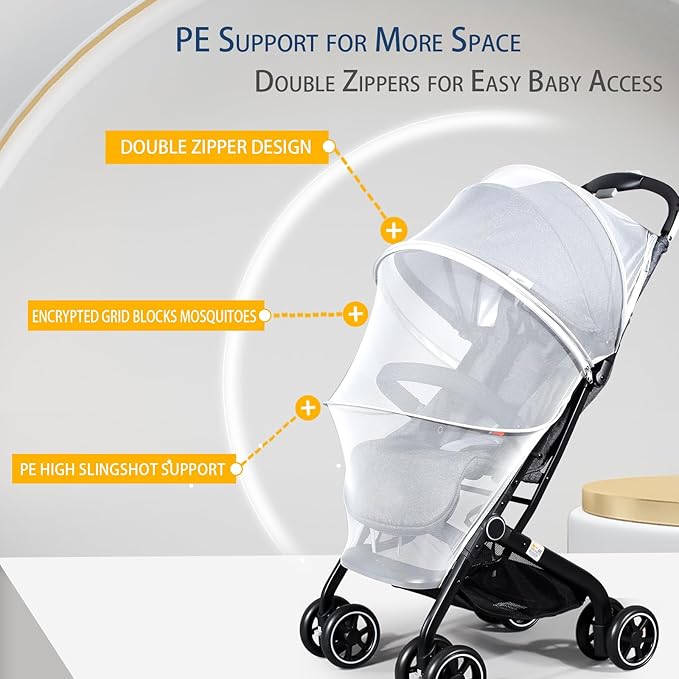 Mosquito Net for Stroller, Universal 3D Baby Bug Net with Two-Way Zippers & Storage Bag, Breathable & Foldable Netting for Stroller,Cradle（White）-BubblyBeeBaby
