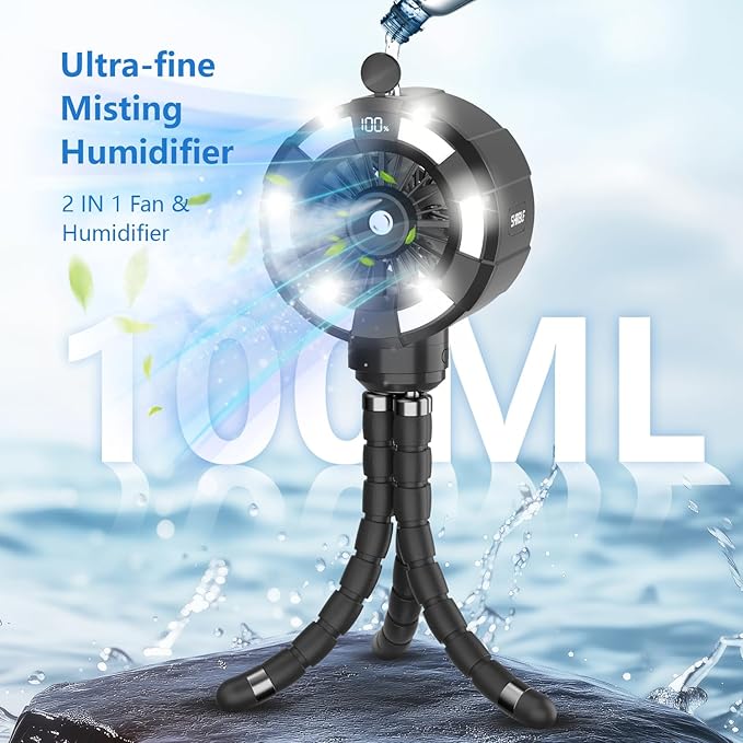 6000mAh Misting Fan for Stroller, 3 Speeds Portable Clip Fan with Intermittent/Continuous Spray, 14H Cooling, Detachable Mount, Timer & Night Light for Baby (100ML Water Tank) - Black-BubblyBeeBaby