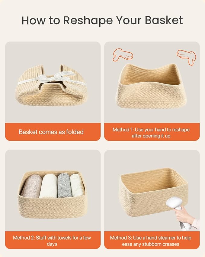 KALLAX Small Woven Basket, 12 x 8 x 4.5 Inches, Storage Basket for Organizing, Cute Small Rope Shelf Closet Cube Storage Bins Baskets for Shelves, Dog Toy Gift Baskets Empty, 3 Packs, Beige-BubblyBeeBaby