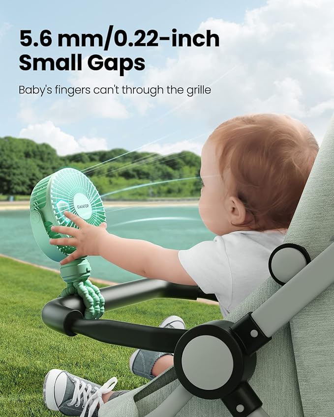 Gaiatop Mini Portable Stroller Fan, Battery Operated Small Clip on, Detachable 3 Speed Rechargeable, 360° Rotate Flexible Tripod Better Cooling for Car Seat Crib Treadmill Travel Green-BubblyBeeBaby