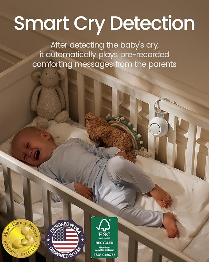 2025 Mom's Choice Awards, Portable Sound Machine for Baby Adult, AI Cry Detection, 18 Soothing Sound, Bluetooth Rechargeable White Noise Machine for Home Office Travel, Nursery Light, Gray-BubblyBeeBaby