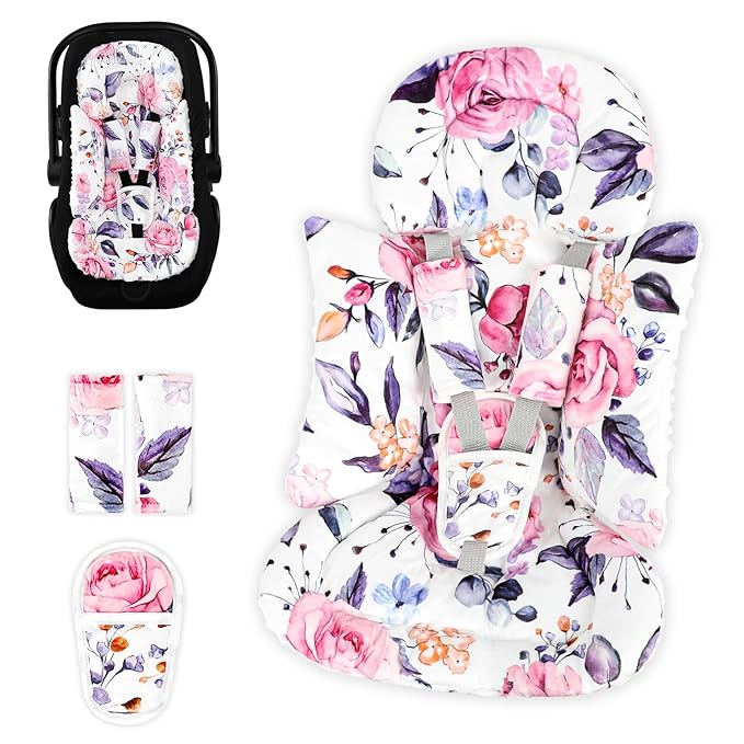 Pea Pod Infant Car Seat Insert with 3 Strap Covers, 3 in 1 Reversible Floral Baby Car Seat Head Support for Newborn, 3D Soft Minky Carseat Cushion for Preemie to Infant, Stroller, Swing, Bouncer-BubblyBeeBaby