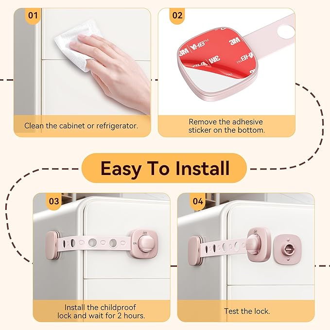 2 Pack Cabinet Locks/Refrigerator Locks Baby Proofing - Child Proof Locks for Drawer, Refrigerator, Fridge, Toilet Seat-No Screws or Tools Required (2 Pack-Pink Locks)-BubblyBeeBaby