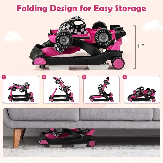 HONEY JOY 4-in-1 Baby Walker, Activity Push Walker w/3 Adjustable Heights, Smooth Wheels w/Adjustable Speed, Padded Seat, Music & Light, Foldable Car Walker for Baby Boys Girls Age 6 Months+ (Pink)-BubblyBeeBaby