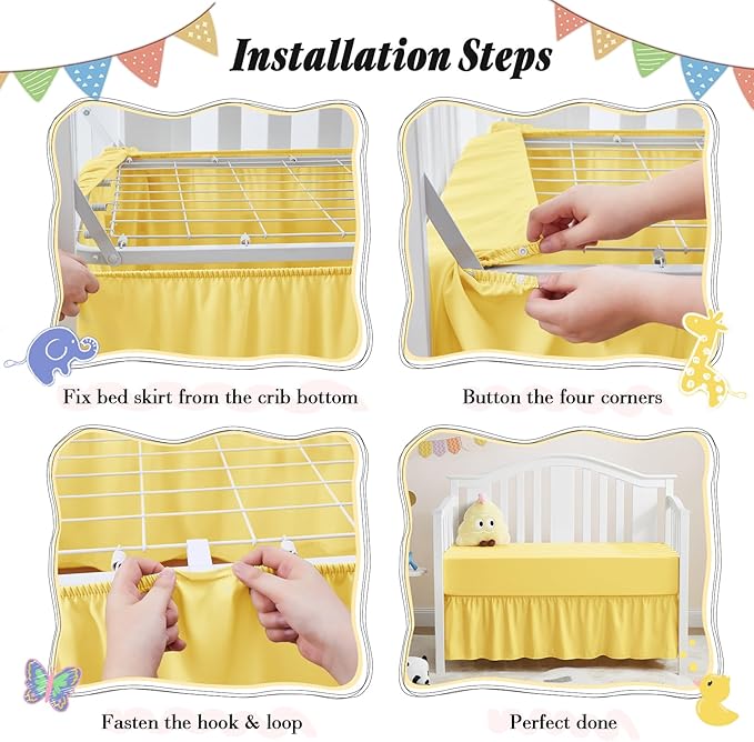 Horbaunal 2 Pack Set Crib Skirt & Crib Bed Sheet, Yellow Crib Bed Skirt 28" x 52" with 14" Drop Dust Ruffle, Soft Microfiber Toddler Bedskirt Nursery Bedding Skirt for Baby Girls and Boys-BubblyBeeBaby