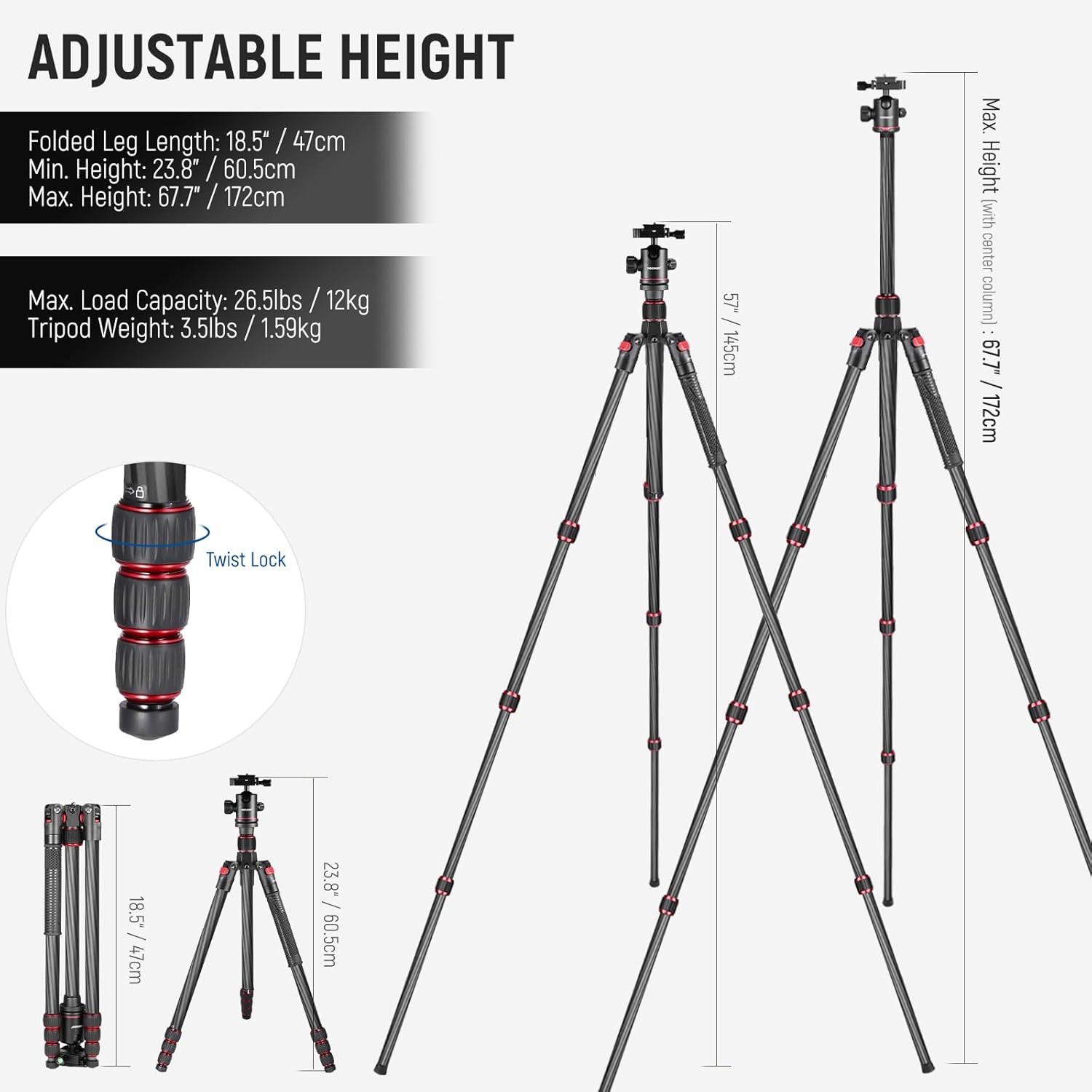 NEEWER 66"/168cm Carbon Fiber Tripod for Camera with 360° Panorama Ball Head, 1/4" Arca QR Plate, Portable Bag, Compact Travel Tripod Monopod for DSLR Video Camcorder, Max Load 26.5lb/12kg, N55C