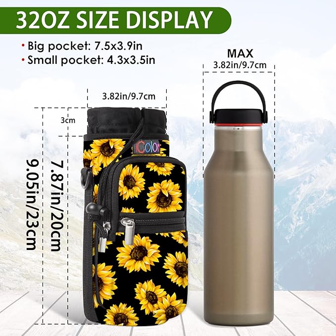 icolor Water Bottle Carrier Bag with Strap 25/32/40 oz Crossbody Bottle Holder with Phone Pocket Sling Sleeve Insulated Neoprene Water Bottle Pouch for Walking Travelling-BubblyBeeBaby